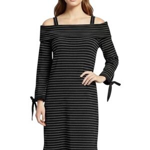 LOFT Black and White Off-Shoulder Long Sleeve Dress